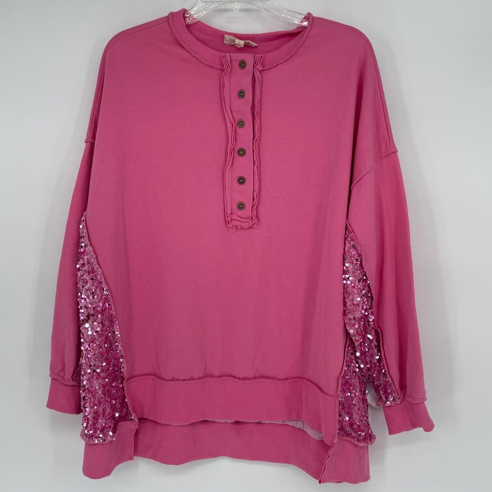 Peach Love California Pink Sequin Henley Sweatshirt Womens Small‎
